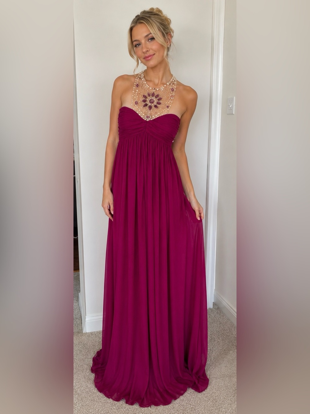 Adrianna Papell Strapless Magenta Chiffon Maxi Gown/Prom/Party Dress size L
